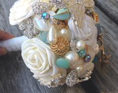 Button Bouquet - Ivory, gold, silver and vintage blue. Keepsake Bouquet
