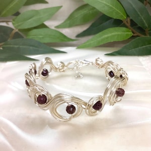 Handmade Garnet Silver Wire Cuff Bracelet: January Birthstone