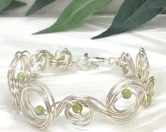 Peridot Gemstone Bracelet: Handmade Silver Wire Cuff, August Birthstone
