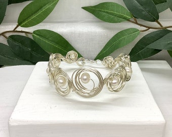 Pearl Bracelet,  Silver Bracelet, June Birthday, Silver Wire Cuff Bracelet, Bridal Bracelet,  Freshwater Pearl Bracelet, Handmade Bracelet