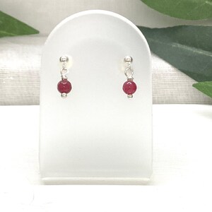 Dainty Ruby Drop Earrings: Sterling Silver Studs, July Birthstone