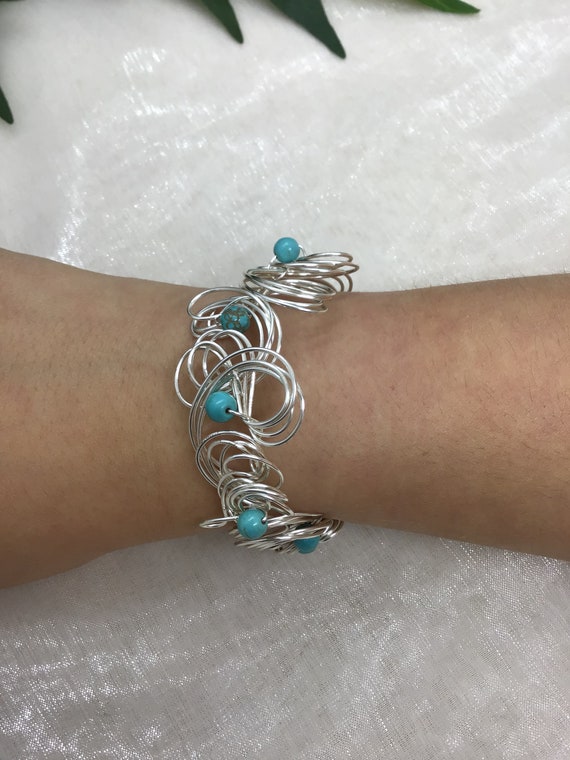 Turquoise Gemstone Cuff Bracelet: Handmade Silver Wire Swirl Design