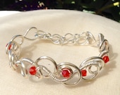 Red Crystal Bracelet,  Silver Bracelet,  Teenagers Bracelet.  Slim Bracelet   Narrow Cuff,  Adjustable Bracelet