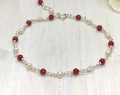 Dainty Coral and Pearl Bracelet,  Sterling Silver Bracelet,  Coral Bracelet,  Pearl Bracelet,  June Birthday,   Anniversary Bracelet