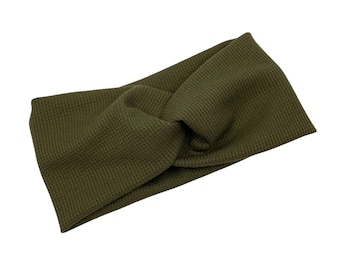 Olive Green Waffle Knit Headband: Twisted Stretchy Hair Accessory