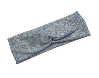 The DAISY DAYDREAMS Twisted Headband: Handmade Blue and White Floral Knit Headwrap - Stretchy Comfy Fit