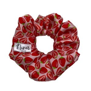 The Strawberry Fields Scrunchie | Pure Silk Scrunchie l Gifts for 10 | Silk Scrunchie | Strawberry Hair Tie | Strawberry Silk Scrunchie