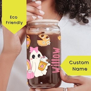 Retro Pink Spooky Halloween Cute Glass Cup with Lid and Straw, Personalized  Iced Coffee Glass Halloween Themed beer can  gift