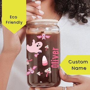 Retro Pink Spooky Halloween Cute Glass Cup with Lid and Straw, Personalized  Iced Coffee Glass Halloween Themed beer can  gift
