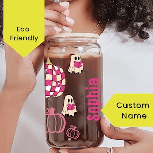 Retro Pink Spooky Halloween Cute Glass Cup with Lid and Straw, Personalized  Iced Coffee Glass Halloween Themed beer can  gift