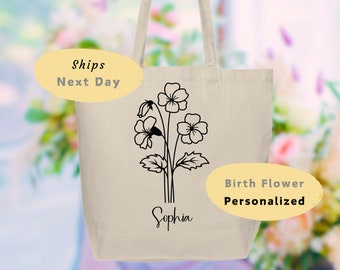 Birth Month Flower Personalized Canvas Tote Bag, Mother gifts, Bachelorette, Bridesmaid, Wedding,Birthday Gift for her, reusable bag,Februry