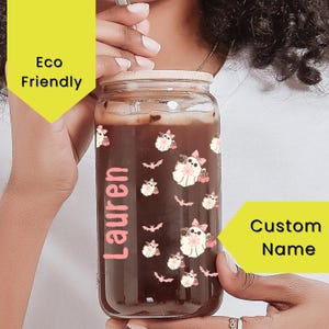 Retro Pink Spooky Halloween Cute Glass Cup with Lid and Straw, Personalized  Iced Coffee Glass Halloween Themed beer can  gift