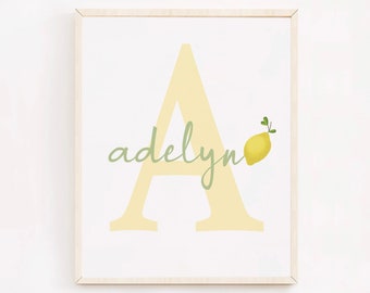 Lemon Nursery Decor, Personalized Citrus Nursery Art, Lemon Initial Print, Baby Girl Nursery Name Print, Citrus Baby Shower Decor Printable