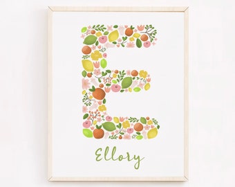 Citrus Nursery Monogram Art Print, Personalized Lemon Nursery Decor, Clementine Lemon Lime Orange Citrus Baby Shower, New Baby Gift