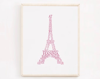 Paris Nursery Art, Eiffel Tower Baby Birth Stats Print, Custom Baby Girl French Nursery Decor, Personalized Baby Gift