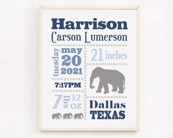 Elephant Nursery Decor, Personalized Elephant Baby Gift, Baby Birth Stats Print, Baby Boy Elephant Nursery Art, Elephant Themed Baby Gift