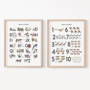 Safari Alphabet Nursery Decor, Pair of Watercolor Animal ABC 123 Prints, Alphabet Number Nursery Art, Gender Neutral Jungle Nursery Wall Art