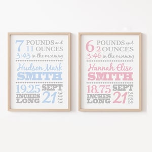 Twin Birth Stats Prints, Twin Nursery Decor, Set of 2 Personalized Birth Stats Prints, Twin Nursery Art, Printable Baby Gift for Twins
