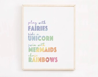 Unicorn Nursery Decor, Rainbow Nursery Quote, Play with Fairies Print, Girl Rainbow Nursery Art, Fairy Room Decor, Printable Wall Art