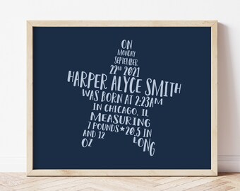 May include: A navy blue printable birth announcement with white text. The text reads "On Monday, September 22nd, 2021, Harper Alyce Smith was born at 2:23 AM in Chicago, IL. Measuring 7 pounds and 20.5 inches long."