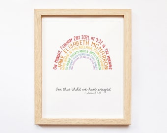 Rainbow Baby Gift, Personalized Christian Baby Gift, For This Child We Have Prayed, Rainbow Baby Nursery Decor, Rainbow Baby Birth Stats