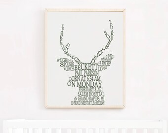 Deer Head Nursery Art, Boy Woodland Birth Stats Print, Buck Deer Nursery Decor, Baby Boy Hunting Nursery, Deer Birth Announcement Wall Art