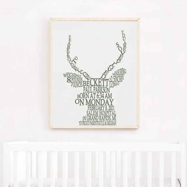 Deer Head Nursery Art, Boy Woodland Birth Stats Print, Buck Deer Nursery Decor, Baby Boy Hunting Nursery, Deer Birth Announcement Wall Art