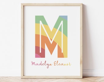 Rainbow Nursery Wall Art, Rainbow Baby Shower, Rainbow Nursery Decor, Personalized Rainbow Kids Name Art Printable, Rainbow Monogram Print