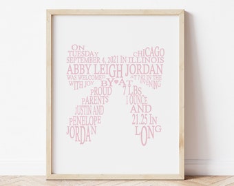Arte de parede para anúncio de nascimento de menina, decoração personalizada para berçário de menina, arte para berçário com laço rosa, placa com nome de bebê, estatísticas de nascimento de bebê para impressão