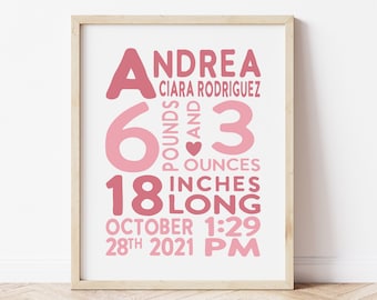 Impressão personalizada de estatísticas de nascimento, arte de parede de anúncio de nascimento de bebê, impressão de estatísticas de nascimento de bebê, arte de berçário de bebê, nome personalizado, presente de bebê