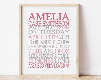 Personalized Baby Girl Birth Announcement Wall Art, Custom Baby Girl Birth Stat Print, Personalized Nursery Decor, Printable Baby Gift