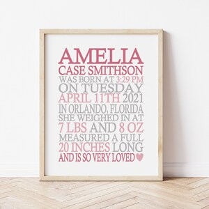 Personalized Baby Girl Birth Announcement Wall Art, Custom Baby Girl Birth Stat Print, Personalized Nursery Decor, Printable Baby Gift