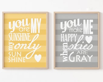 You Are My Sunshine Wall Art Prints, Set of Two You Are My Sunshine Nursery Art, Baby Girl Nursery Decor, Gender Neutral Nursery Art Prints