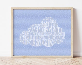 Cloud Nursery Decor, Baby Birth Stats Print, Personalized Cloud Nursery Art, Printable Gender Neutral Nursery Wall Art, Gray Nursery Decor