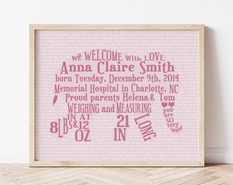 New Baby Girl Gift, New Baby Gift Personalized New Baby Birth Stats Print, Christening Gift, Elephant Nursery Decor, Girl Safari Nursery Art