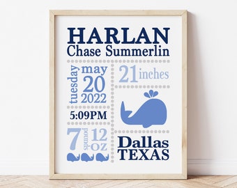 May include: A blue and white baby announcement print with the name Harlan, birth date, time, weight, length, and location. The print features a blue whale illustration.