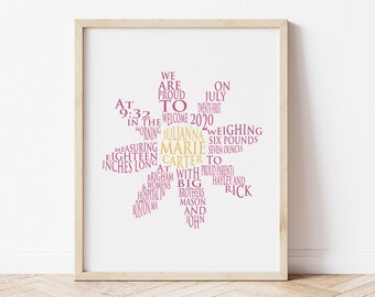 Personalized Floral Nursery Art, Daisy Birth Announcement Wall Art, Baby Girl Flower Birth Stats Print, Floral Nursery Decor, Baby Girl Gift