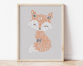 Peut inclure: Une annonce de naissance imprimable grise et orange avec le texte "On Monday at 2:13 May 1, 2023 AM Jennifer Eleanor Stone was born to proud parents Elenie & Joshua at Grace-Fields, Minnesota measuring 19.8 inches long and weighing 8 lbs. 10 oz."