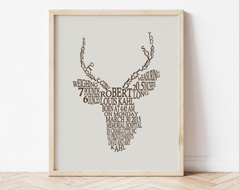 Deer Nursery Decor, Deer Baby Birth Stats Print, Woodland Nursery Art, Personalized Baby Boy Nursery Print, Printable Hunting Nursery Decor