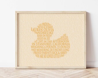 May include: A beige framed print with a yellow text announcement of a baby's birth. The text reads "We proudly welcome Lauren Olivia Sandrelski born on Friday August 4th, 2023 at 2:07 in the afternoon in Stanford, California weighing 6 pounds, 15 ounces and measuring 20.5 inches long. Proud parents Rick & Abbey. You are so loved little one."