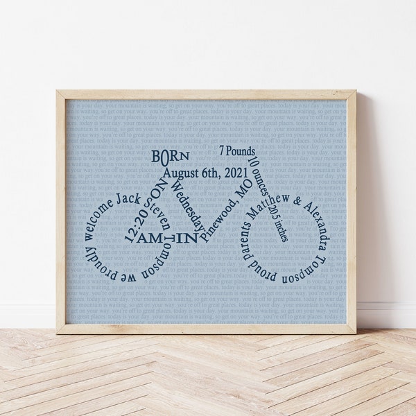 Bicycle Nursery Decor, Mountain Bike Baby Birth Stats, Bicycle Nursery Art, Bicycle Baby Gift, Printable Nursery Art, Nursery Wall Art