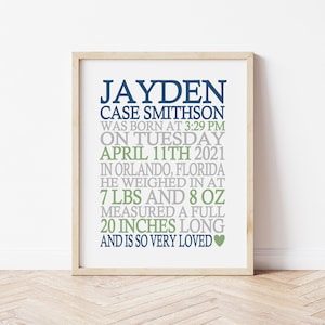 Boy Birth Announcement Wall Art, Baby Boy Birth Stats Print, Personalized New Baby Gift, Custom Nursery Decor, Baby Stats Nursery Art