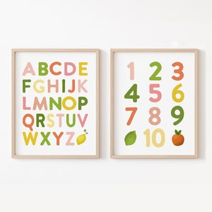 Citrus Nursery Decor, Alphabet Nursery Prints, ABC Nursery Art, Lemon Nursery Wall Art, Clementine Kids Art, ABC 123 Playroom Wall Art