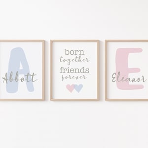 Twin Nursery Decor, Set of 3 Boy Girl Twin Prints, Personalized Twin Nursery Art, Born Together Friends Forever Printable, Twins Baby Gift