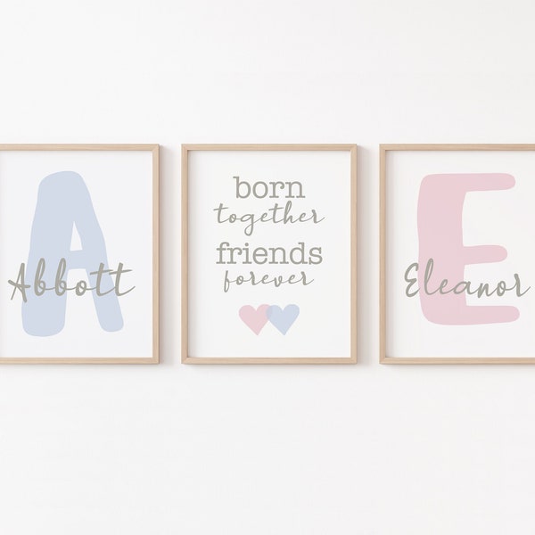Twin Nursery Decor, Set of 3 Boy Girl Twin Prints, Personalized Twin Nursery Art, Born Together Friends Forever Printable, Twins Baby Gift