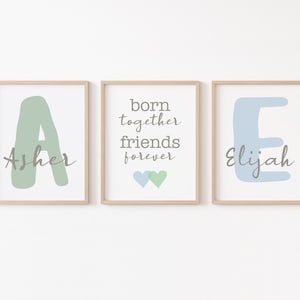 Zwillingsjunge-Kinderzimmerdekor, 3er-Set Zwillingsbruder-Drucke, personalisierte Zwillingsjungen-Kinderzimmer-Kunst, Freunde für immer zusammen geboren druckbare Kinderzimmer-Kunst