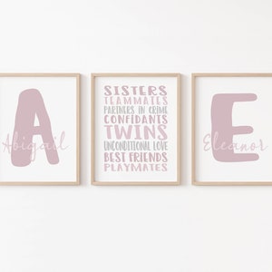 Twin Girl Nursery Decor, Set of 3 Twin Sister Prints, Personalized Twin Girl Nursery Art, Pink Twins Nursery Art Print, Twin Sister Wall Art