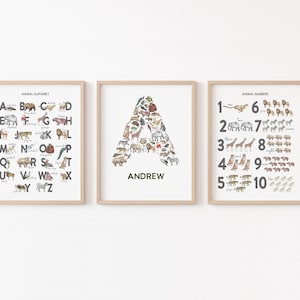 Personalized Safari Animal Nursery Decor, Set of 3 Watercolor Animal Prints, Alphabet Number Nursery Art, Neutral Safari Nursery Wall Art