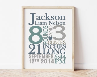 Baby Boy Birth Stats Wall Art, Birth Announcement Wall Art, Custom Baby Stats Print, Personalized Baby Boy Nursery Art, New Baby Gift