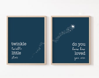 Twinkle Twinkle Little Star kinderkamer print, genderneutraal ruimtethema kinderkamer decor, meisje ster kinderkamer kunst, babyjongen maan en ster kunst aan de muur